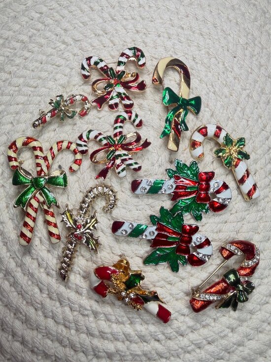 Jewelry - Candy Cane Brooch Lot 11 Christmas Enamel Pins Vintage Modern Holiday Jewelry